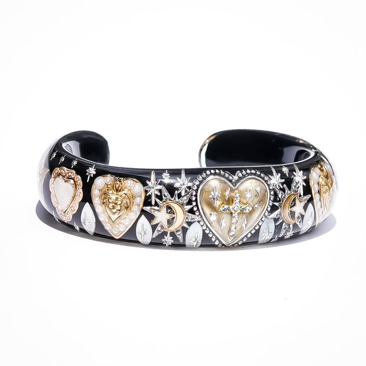 Sacred Heart Cross Bracelet - Black × Gold × White