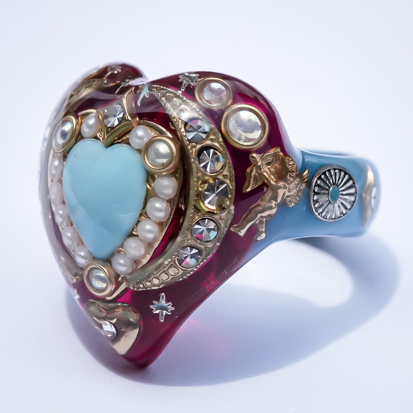 French Antique Turquoise Heart Ring - Pink × Turquoise / #14
