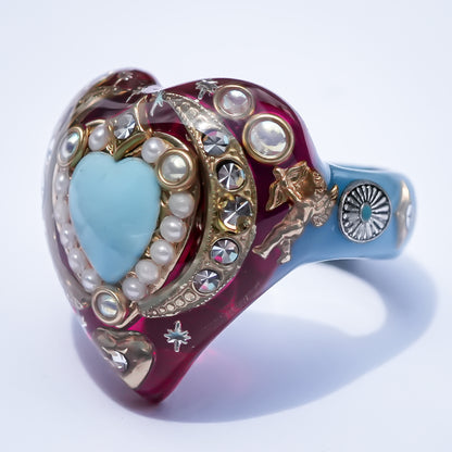 French Antique Turquoise Heart Ring - Pink × Turquoise / #14