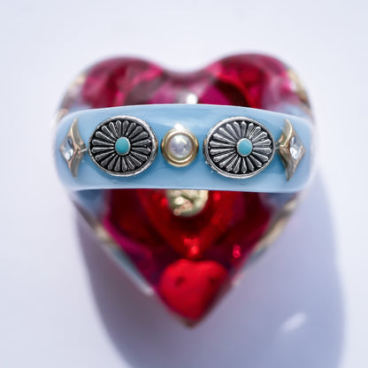 French Antique Turquoise Heart Ring - Pink × Turquoise / #14