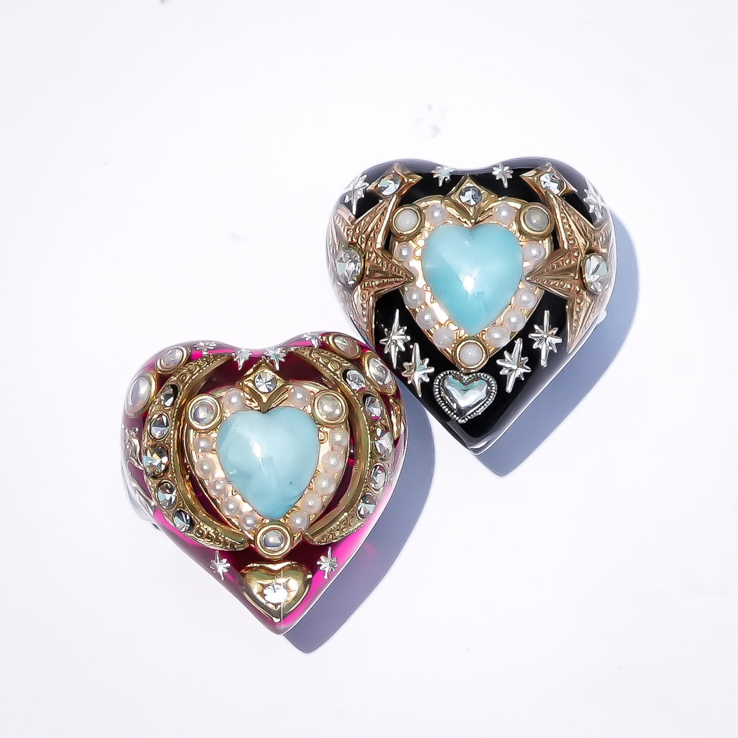 French Antique Turquoise Heart Ring - Black × Turquoise / #14