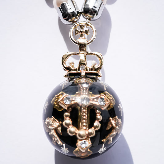 Sun & Sacred Cross Orb Necklace - Black × Gold × Silver