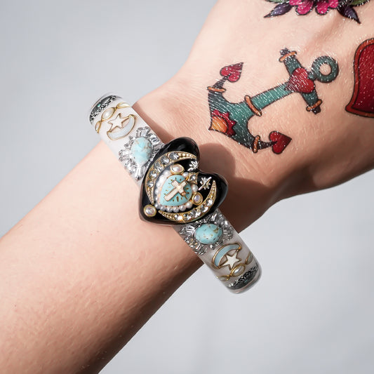 Turquoise Heart Moon & Star Heart Bracelet - Smoky White × Black