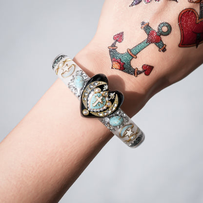 Turquoise Heart Moon & Star Heart Bracelet - Smoky White × Black