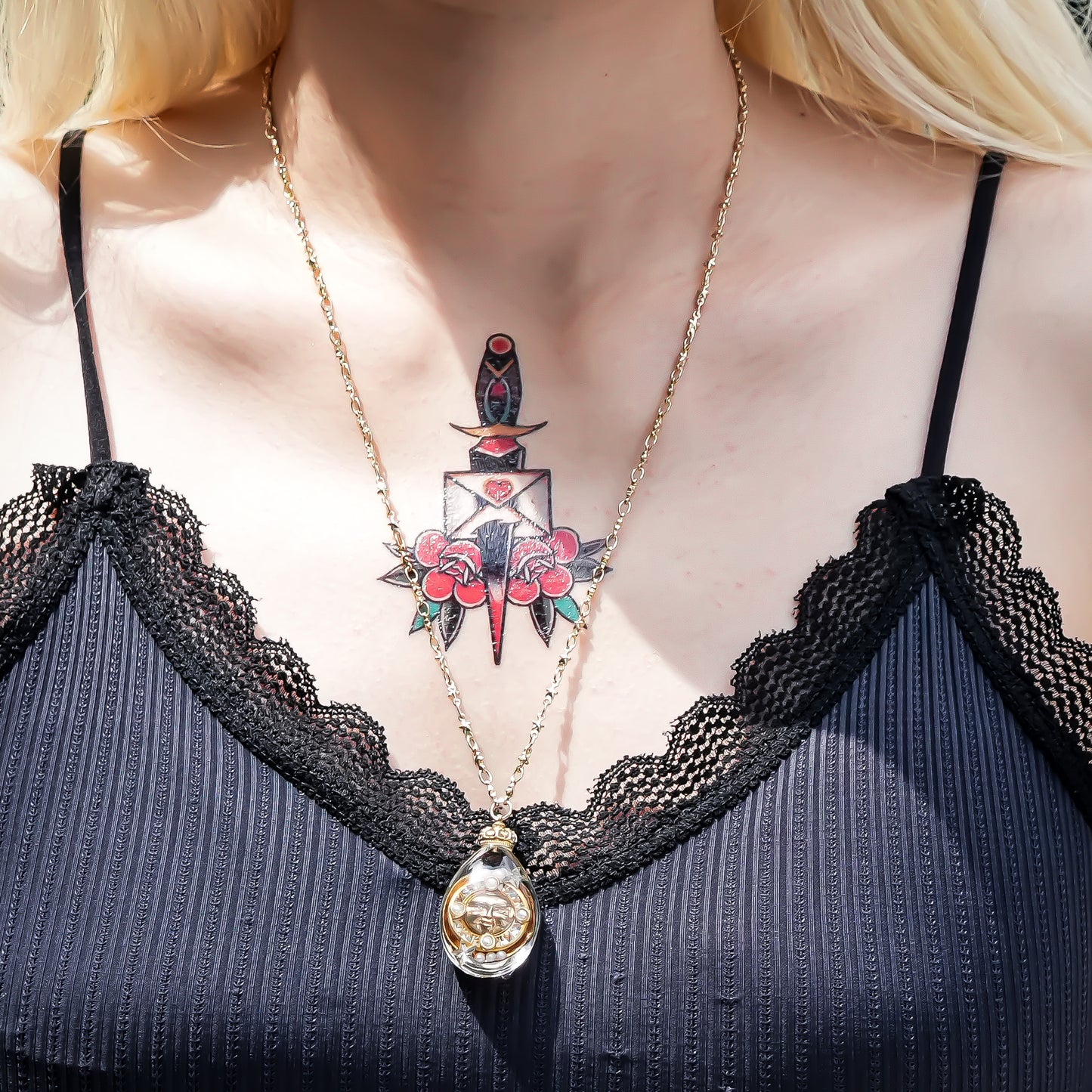 Sun & Moon Reversible Drop Necklace - Clear × Gold