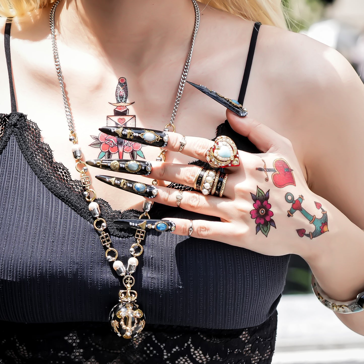Sun & Sacred Cross Orb Necklace - Black × Gold × Silver
