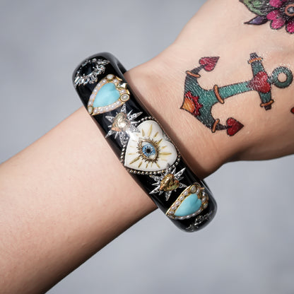 White Eye Heart & Turquoise Heart Bracelet - Black × Turquoise