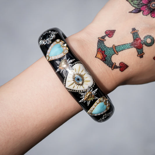 White Eye Heart & Turquoise Heart Bracelet - Black × Turquoise