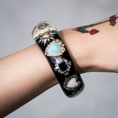 White Eye Heart & Turquoise Heart Bracelet - Black × Turquoise