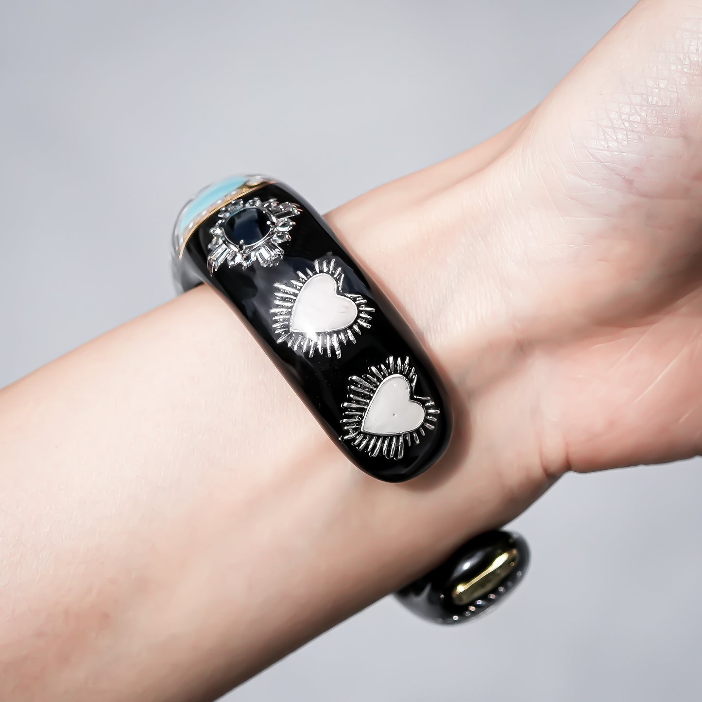 White Eye Heart & Turquoise Heart Bracelet - Black × Turquoise