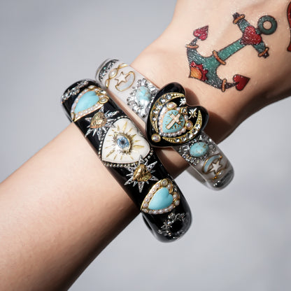 White Eye Heart & Turquoise Heart Bracelet - Black × Turquoise
