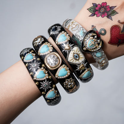 Turquoise Heart Moon & Star Heart Bracelet - Smoky White × Black