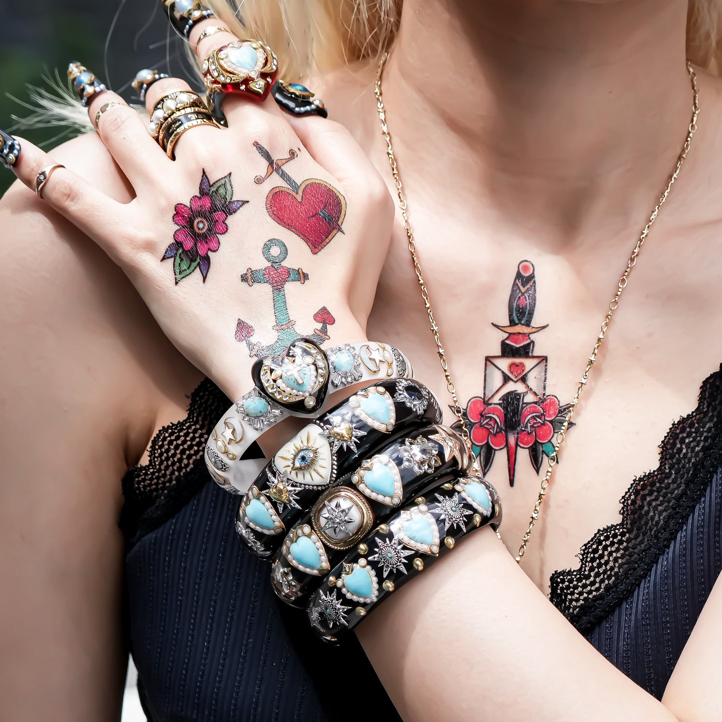 White Eye Heart & Turquoise Heart Bracelet - Black × Turquoise
