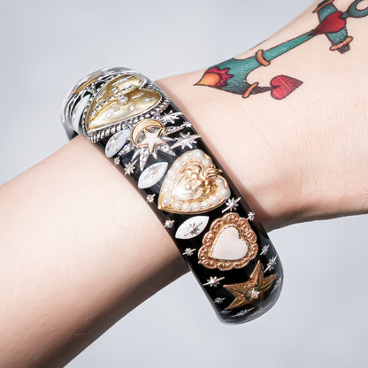 Sacred Heart Cross Bracelet - Black × Gold × White
