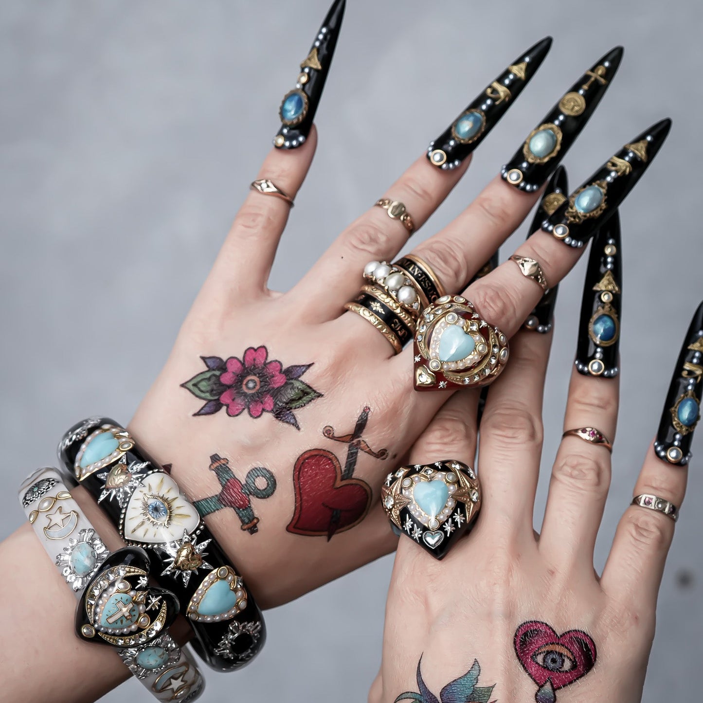 French Antique Turquoise Heart Ring - Black × Turquoise / #14