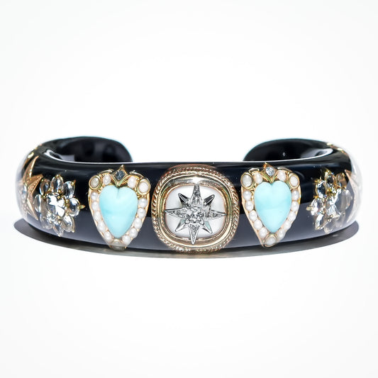 Turquoise Heart Antique Button Bracelet - Black × Turquoise