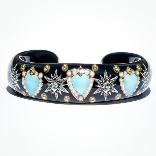 Triple Turquoise Heart Star Bracelet - Black × Turquoise