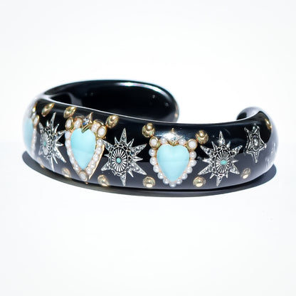 Triple Turquoise Heart Star Bracelet - Black × Turquoise