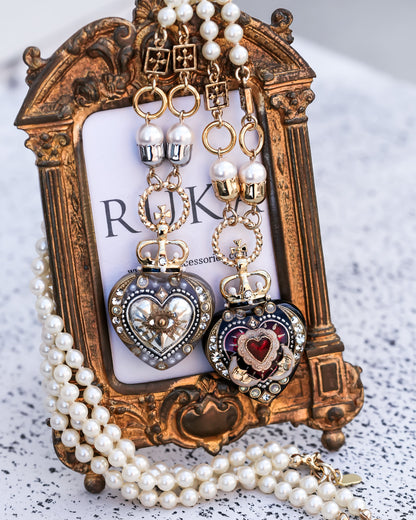 Crowned Red Heart & Moon Necklace - Black × Deep Red × Pearl