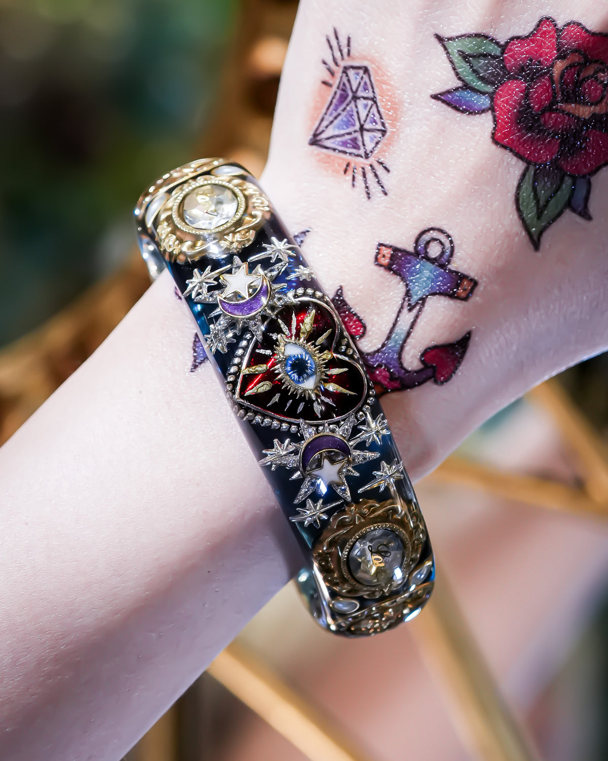 Mystic Eye & Dark Red Heart Bracelet - Clear Blue × Dark Red