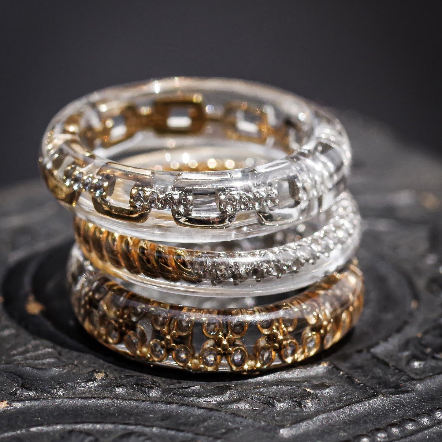 Classic Chain Dual Tone Ring - Clear × Silver × Gold / #8 #14 #16