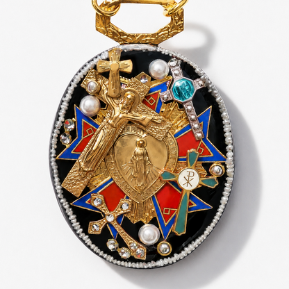 Antique Emblem Medallion Necklace - Black × Red