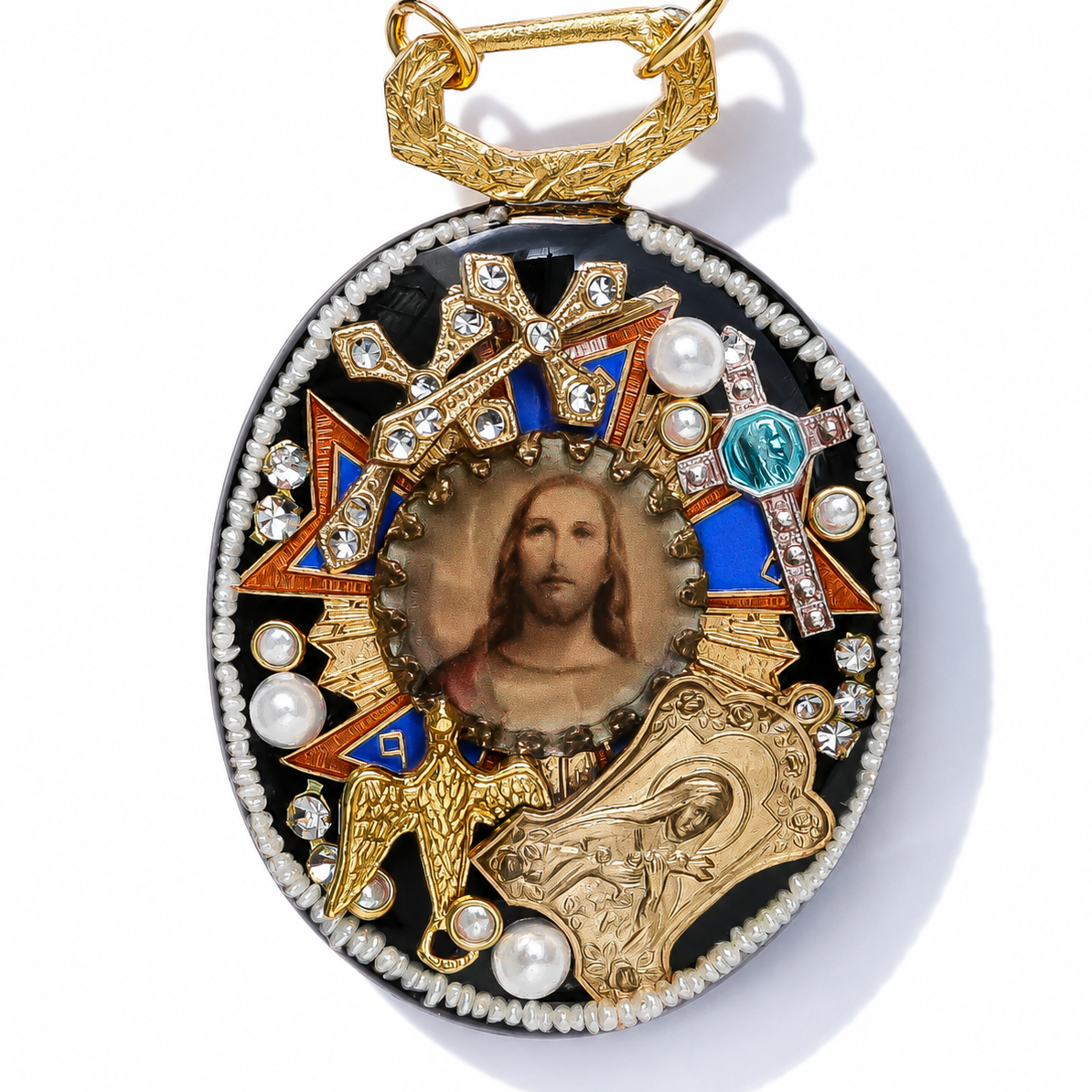 Antique Christ Medallion Necklace - Black × Brown