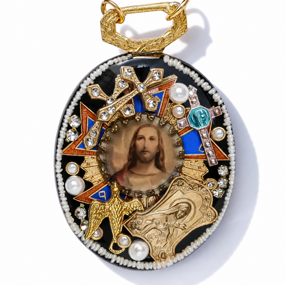 Antique Christ Medallion Necklace - Black × Brown