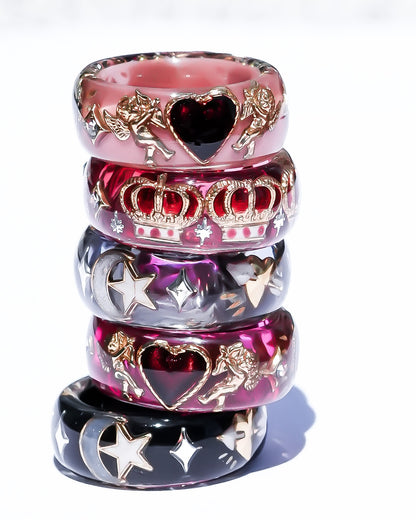 Midnight Cupid Heart Ring - Black × Deep Red / #8 #11
