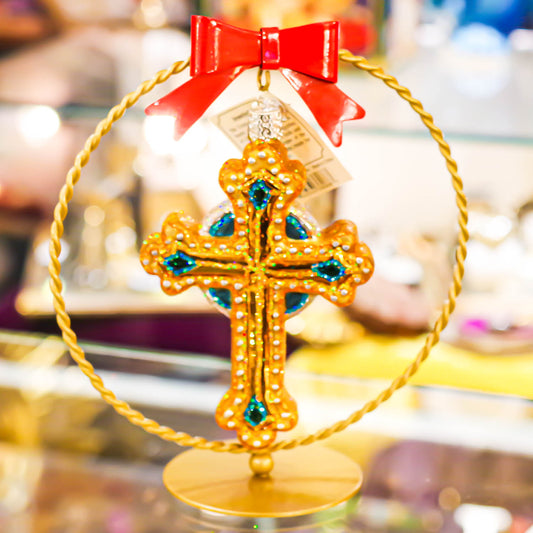 ORNAMENTS / JEWELED CROSS GREEN / USA