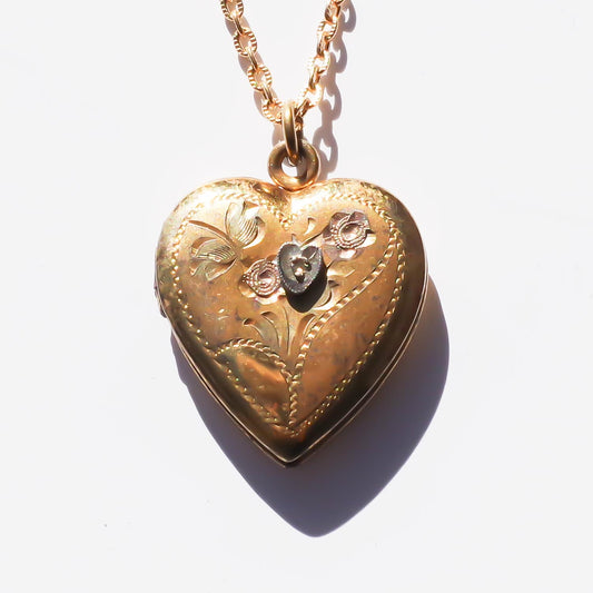 HEART LOCKET NECKLACE / HEART FLOWER / 14KGF