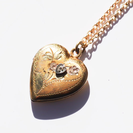 HEART LOCKET NECKLACE / HEART FLOWER / 14KGF