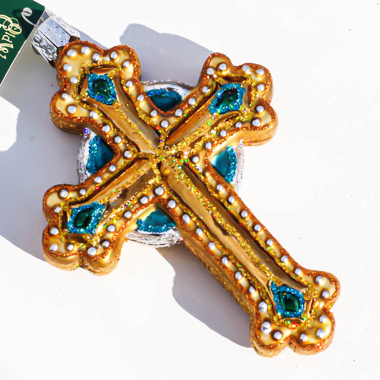 ORNAMENTS / JEWELED CROSS GREEN / USA